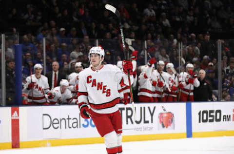 UNIONDALE, NEW YORK – MARCH 07: Haydn Fleury #4 of the Carolina Hurricanes celebrates his goal against the New York Islanders at 13:22 of the Carolina Hurricanes at NYCB Live’s Nassau Coliseum on March 07, 2020 in Uniondale, New York. (Photo by Bruce Bennett/Getty Images)