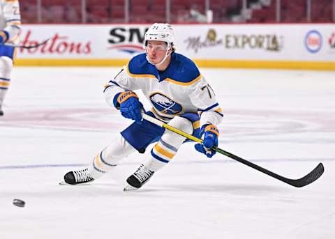 MONTREAL, QC – FEBRUARY 13: Victor Olofsson #71 of the Buffalo Sabres skates against the Montreal Canadiens during the first period at Centre Bell on February 13, 2022 in Montreal, Canada. The Buffalo Sabres defeated the Montreal Canadiens 5-3. (Photo by Minas Panagiotakis/Getty Images)