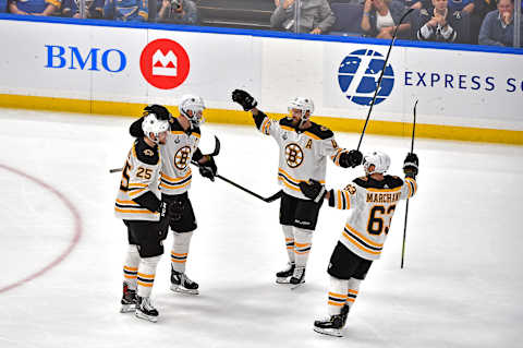 ST LOUIS, MISSOURI – JUNE 09: Zdeno Chara #33 of the Boston Bruins is congratulated by his teammates after scoring a third period empty-net goal against the St. Louis Blues in Game Six of the 2019 NHL Stanley Cup Final at Enterprise Center on June 09, 2019 in St Louis, Missouri. (Photo by Ed Zurga/Getty Images)