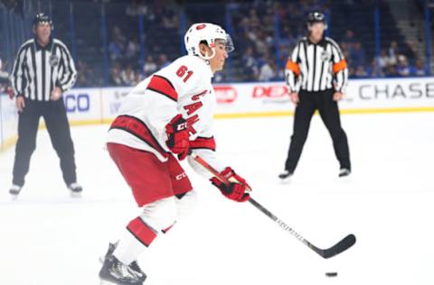 Sep 17, 2019; Tampa, FL, USA; Carolina Hurricanes forward Ryan Suzuki (61) during the third period at Amalie Arena. Mandatory Credit: Kim Klement-USA TODAY Sports