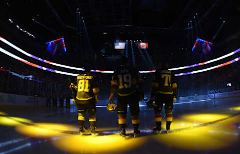 LAS VEGAS, NEVADA – OCTOBER 02: Vegas Golden Knights players stand at attention during the national anthem prior to a game against the San Jose Sharks at T-Mobile Arena on October 02, 2019 in Las Vegas, Nevada. (Photo by David Becker/NHLI via Getty Images)