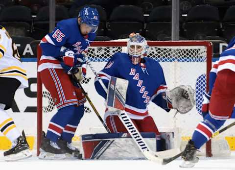 Ryan Lindgren #55 of the New York Rangers gets his body in front of the puck . (Photo by Bruce Bennett/Getty Images)