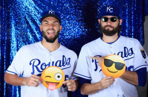 Feb 20, 2017; Surprise, AZ, USA; Kansas City Royals players Eric Hosmer (35) and Jason Hammel (39) pose for a photo during spring training photo day at Surprise Stadium. Mandatory Credit: Allan Henry-USA TODAY Sports