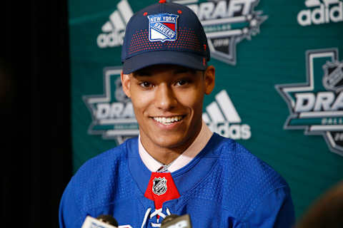 K’Andre Miller speaks to the media after being selected twenty-second overall by the New York Rangers . (Photo by Ron Jenkins/Getty Images)