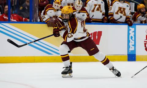 TAMPA, FL – APRIL 6: Ryan Johnson #23 of the Minnesota Golden Gophers skates against the Boston University Terriers during game one of the 2023 NCAA Division I Men’s Hockey Frozen Four Championship Semifinal at the Amaile Arena on April 6, 2023 in Tampa, Florida. The Golden Gophers won 6-2. (Photo by Richard T Gagnon/Getty Images)