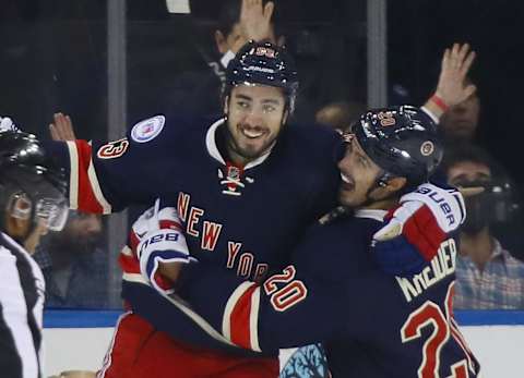 Mika Zibanejad #93 of the New York Rangers celebrates his first period goal and is joined by Chris Kreider #20 . (Photo by Bruce Bennett/Getty Images)