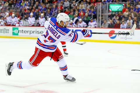 NEWARK, NJ – OCTOBER 17: New York Rangers defenseman Tony DeAngelo (77) skates during the second period of the National Hockey League game between the New Jersey Devils and the New York Rangers on October 17, 2019 at the Prudential Center in Newark, NJ. (Photo by Rich Graessle/Icon Sportswire via Getty Images)