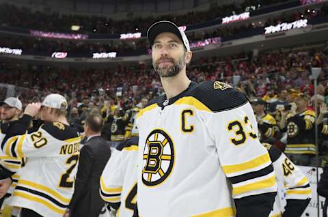 RALEIGH, NC – MAY 16: Zdeno Chara #33 of the Boston Bruins celebrates with teammates following Game Four of the Eastern Conference Third Round after defeating the Carolina Hurricanes during the 2019 NHL Stanley Cup Playoffs on May 16, 2019 at PNC Arena in Raleigh, North Carolina. (Photo by Gregg Forwck/NHLI via Getty Images)