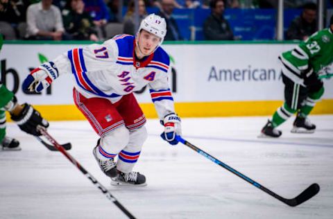 Mar 10, 2020; Dallas, Texas, USA; New York Rangers right wing Jesper Faast (17) in action during the game between the Rangers and the Stars at the American Airlines Center. Mandatory Credit: Jerome Miron-USA TODAY Sports