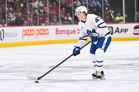 Sep 30, 2023; Montreal, Quebec, CAN; Toronto Maple Leafs defenseman Topi Niemela (47)  Credit: David Kirouac-USA TODAY Sports