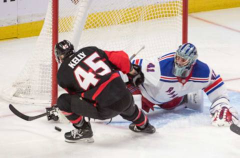 Nov 30, 2022; Ottawa, Ontario, CAN; New York Rangers goalie Jaroslav Halak (41) makes a save on a shot from Ottawa Senators left wing Parker Kelly (45) in the third period at the Canadian Tire Centre. Mandatory Credit: Marc DesRosiers-USA TODAY Sports