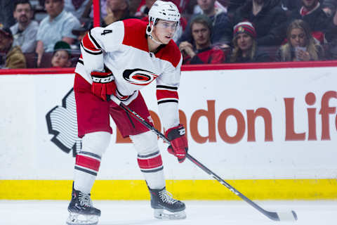 OTTAWA, ON – MARCH 24: Carolina Hurricanes Defenceman Haydn Fleury (4) prepares for a face-off during third period National Hockey League action between the Carolina Hurricanes and Ottawa Senators on March 24, 2018, at Canadian Tire Centre in Ottawa, ON, Canada. (Photo by Richard A. Whittaker/Icon Sportswire via Getty Images)