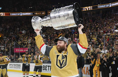 Phil Kessel #8 of the Vegas Golden Knights celebrates the Stanley Cup victory over the Florida Panthers in Game Five of the 2023 NHL Stanley Cup Final (Photo by Bruce Bennett/Getty Images)