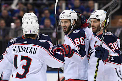 Mar 28, 2023; New York, New York, USA; Columbus Blue Jackets right wing Kirill Marchenko (86) celebrates his goal against the New York Rangers during the first period at Madison Square Garden. Mandatory Credit: Dennis Schneidler-USA TODAY Sports