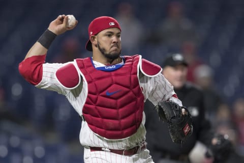 Alfaro is a work in progress behind the plate and in the batter’s box. Photo by Mitchell Leff/Getty Images.