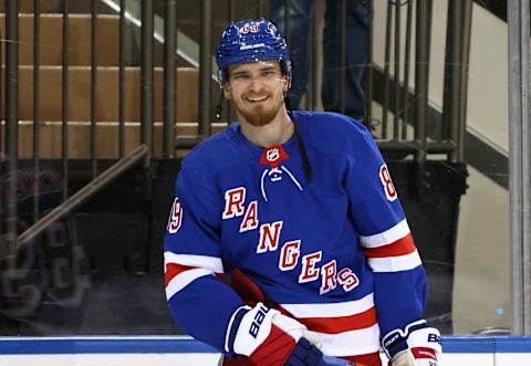 NEW YORK, NEW YORK – APRIL 17: Pavel Buchnevich #89 of the New York Rangers skates in warm-ups prior to the game against the New Jersey Devils at Madison Square Garden on April 17, 2021 in New York City. (Photo by Bruce Bennett/Getty Images)