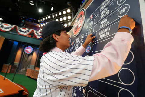 SECAUCUS, NJ – JUNE 4: Anthony Seigler who was drafted 23rd overall by the New York Yankees puts his nameplate on the draft board during the 2018 Major League Baseball Draft at Studio 42 at the MLB Network on Monday, June 4, 2018, in Secaucus, New Jersey. (Photo by Alex Trautwig/MLB Photos via Getty Images)