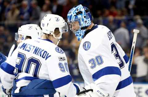 NHL Power Rankings: Tampa Bay Lightning center Vladislav Namestnikov (90) and Tampa Bay Lightning goalie Ben Bishop (30) congratulate each other after they beat the Los Angeles Kings at Amalie Arena. Tampa Bay Lightning defeated the Los Angeles Kings 5-0. Mandatory Credit: Kim Klement-USA TODAY Sports