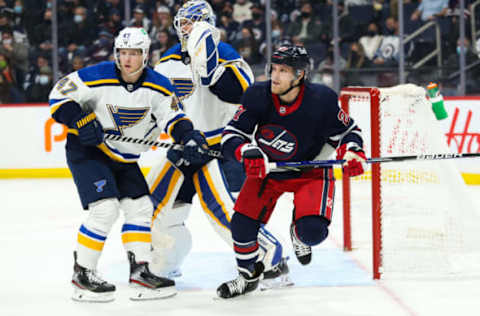 Winnipeg Jets, Nikolaj Ehlers (27); St. Louis Blues, Torey Krug (47). Mandatory Credit: Terrence Lee-USA TODAY Sports