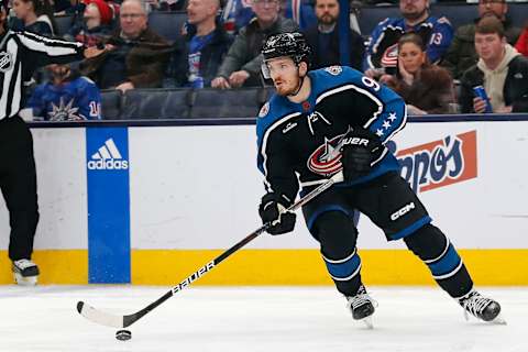 Jan 16, 2023; Columbus, Ohio, USA; Columbus Blue Jackets center Jack Roslovic (96) looks to pass against the New York Rangers during the second period at Nationwide Arena. Mandatory Credit: Russell LaBounty-USA TODAY Sports