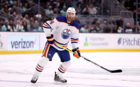 SEATTLE, WASHINGTON – MARCH 18: Mattias Ekholm #14 of the Edmonton Oilers skates against the Seattle Kraken during the third period at Climate Pledge Arena on March 18, 2023 in Seattle, Washington. (Photo by Steph Chambers/Getty Images)