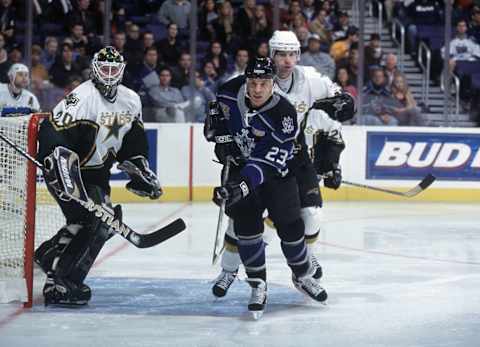 Nov. 15, 2001: Left wing Craig Johnson #23, of the Los Angeles Kings, and Darryl Sydor, #5, of the Dallas Stars, skate during the NHL game at the Staples Center in Los Angeles, California. The Leafs defeated the Blackhawks 4-1. Mandatory Copyright Notice: Copyright 2001 NHLI Mandatory Credit: Jeff Gross /Getty Images/NHLI