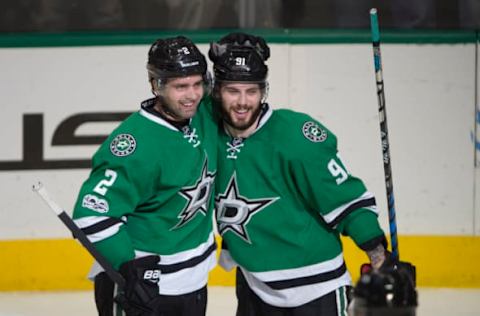 Vegas Golden Knights: Dallas Stars defenseman Dan Hamhuis (2) and center Tyler Seguin (91) celebrates a goal against the Chicago Blackhawks during the third period at the American Airlines Center. The Blackhawks defeat the Stars 5-3. Mandatory Credit: Jerome Miron-USA TODAY Sports