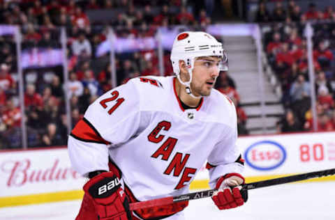 CALGARY, AB – DECEMBER 14: Carolina Hurricanes Left Wing Nino Niederreiter (21) skates during the second period of an NHL game where the Calgary Flames hosted the Carolina Hurricanes on December 14, 2019, at the Scotiabank Saddledome in Calgary, AB. (Photo by Brett Holmes/Icon Sportswire via Getty Images)