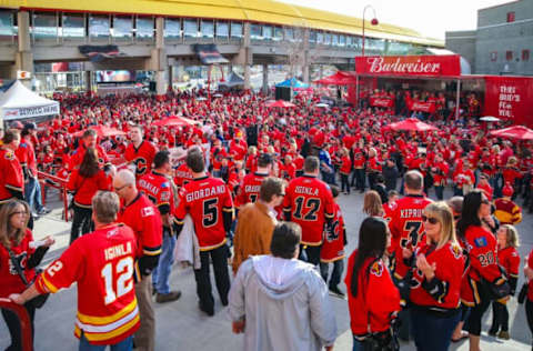 Apr 21, 2015; Calgary, Alberta, CAN; Fans gather in front of Scotiabank Saddledome prior to the game between the Calgary Flames and the Vancouver Canucks in game four of the first round of the 2015 Stanley Cup Playoffs at Scotiabank Saddledome. Mandatory Credit: Sergei Belski-USA TODAY Sports