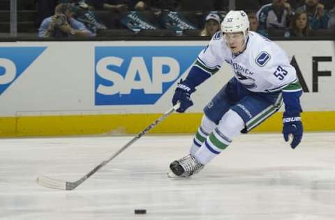 Mar 31, 2016; San Jose, CA, USA; Vancouver Canucks center Bo Horvat (53) skates with the puck against the San Jose Sharks in the second period at SAP Center at San Jose. Mandatory Credit: Kenny Karst-USA TODAY Sports