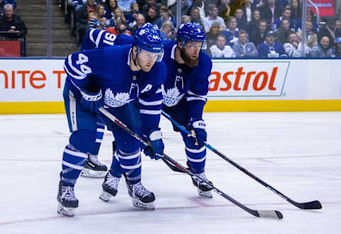 TORONTO, ON – FEBRUARY 6: Morgan Rielly #44 of the Toronto Maple Leafs . (Photo by Kevin Sousa/NHLI via Getty Images)