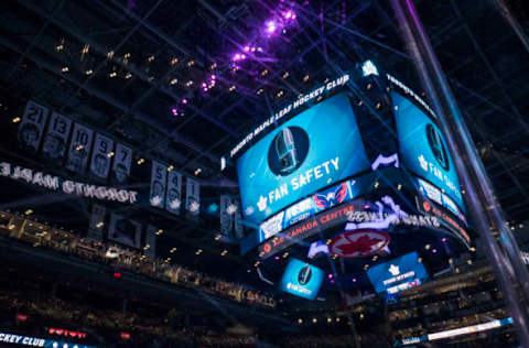 TORONTO, ON – NOVEMBER 25: Centre Ice digital signage displays Fan Safety information before the NHL regular season hockey game between the Washington Capitals and Toronto Maple Leafs on November 25, 2017 at Air Canada Centre in Toronto, ON. (Photo by Jeff Chevrier/Icon Sportswire via Getty Images)