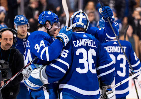 Toronto Maple Leafs – Auston Matthews #34 and Jack Campbell #36 (Photo by Kevin Sousa/NHLI via Getty Images)