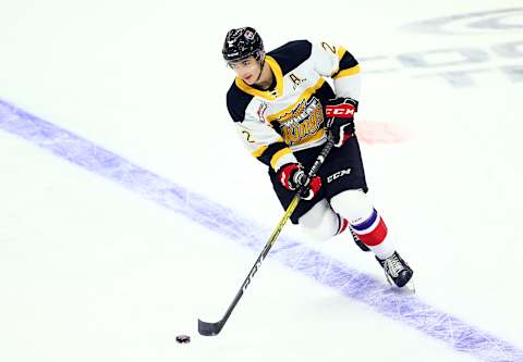 Braden Schneider of Team White skates during warm up for the 2020 CHL/NHL Top Prospects Game against Team Red at FirstOntario Centre on January 16, 2020.