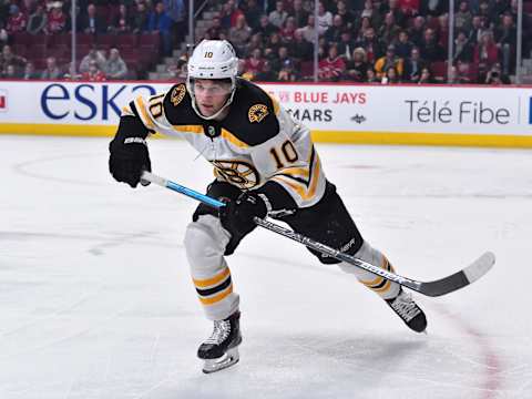 MONTREAL, QC – NOVEMBER 26: Anders Bjork #10 of the Boston Bruins skates against the Montreal Canadiens during the third period at the Bell Centre on November 26, 2019 in Montreal, Canada. The Boston Bruins defeated the Montreal Canadiens 8-1. (Photo by Minas Panagiotakis/Getty Images)