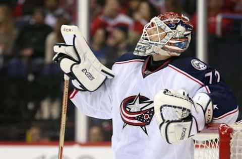 NHL Mid-Season Awards: Columbus Blue Jackets goalie Sergei Bobrovsky (72) looks up at the scoreboard during a stoppage in play against the Washington Capitals in the second period at Verizon Center. The Capitals won 5-0. Mandatory Credit: Geoff Burke-USA TODAY Sports