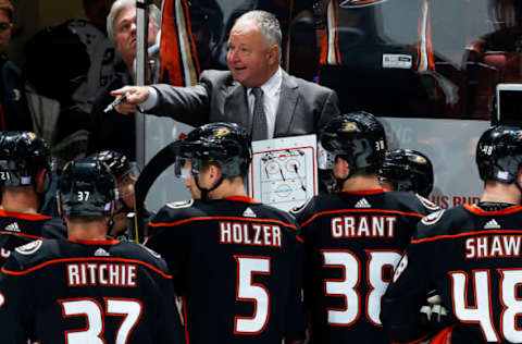 ANAHEIM, CA – NOVEMBER 15: Head coach of the Anaheim Ducks, Randy Carlyle talks to his players. (Photo by Debora Robinson/NHLI via Getty Images)