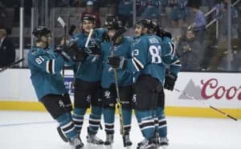 San Jose Sharks prospect Kevin Labanc (62) is congratulated after his overtime goal during the preseason opener. Kyle Terada-USA TODAY Sports