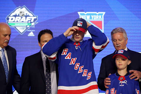 VANCOUVER, BRITISH COLUMBIA – JUNE 21: Kaapp Kakko smiles after being selected second overall by the New York Rangers during the first round of the 2019 NHL Draft at Rogers Arena on June 21, 2019 in Vancouver, Canada. (Photo by Bruce Bennett/Getty Images)