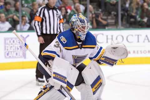 Nov 3, 2016; Dallas, TX, USA; St. Louis Blues goalie Jake Allen (34) faces the Dallas Stars attack during the second period at the American Airlines Center. Mandatory Credit: Jerome Miron-USA TODAY Sports