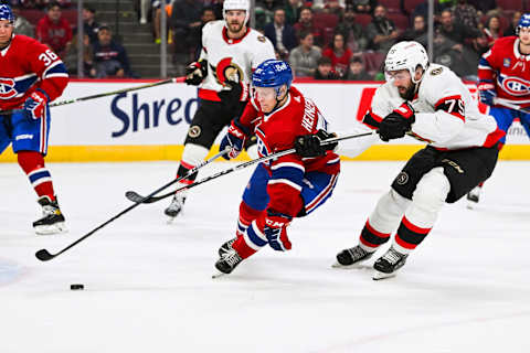 Sep 27, 2023; Montreal, Quebec, CAN; Montreal Canadiens left wing Emil Heineman. Mandatory Credit: David Kirouac-USA TODAY Sports