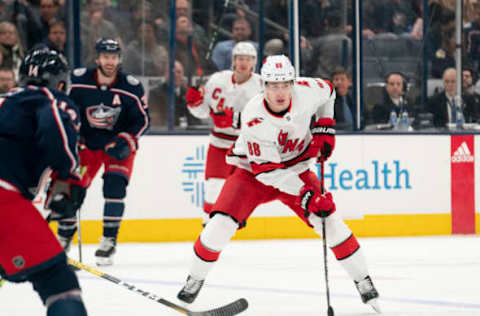 COLUMBUS, OH – JANUARY 16: Carolina Hurricanes center Martin Necas (88) controls the puck as he skates down the ice during the game between the Columbus Blue Jackets and the Carolina Hurricanes at Nationwide Arena in Columbus, Ohio on January 16, 2020. (Photo by Jason Mowry/Icon Sportswire via Getty Images)