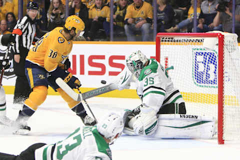 NASHVILLE, TN – FEBRUARY 02: Dallas Stars goalie Anton Khudobin (35) makes a save on Nashville Predators winger Ryan Hartman (38) during the NHL game between the Nashville Predators and Dallas Stars, held on February 2, 2019, at Bridgestone Arena in Nashville, Tennessee. (Photo by Danny Murphy/Icon Sportswire via Getty Images)