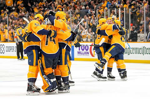 NASHVILLE, TN – NOVEMBER 25: The Nashville Predators celebrate a shootout win against the St. Louis Blues at Bridgestone Arena on November 25, 2019 in Nashville, Tennessee. (Photo by John Russell/NHLI via Getty Images)