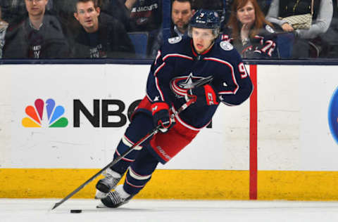 COLUMBUS, OH – APRIL 17: Artemi Panarin #9 of the Columbus Blue Jackets skates in Game Three of the Eastern Conference First Round against the Washington Capitals during the 2018 NHL Stanley Cup Playoffs at Nationwide Arena in Columbus, Ohio. (Photo by Jamie Sabau/NHLI via Getty Images) *** Local Caption *** Artemi Panarin