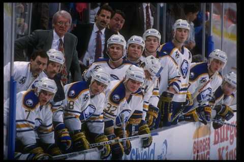 The Buffalo Sabres benck looks on during a game against the Edmonton Oilers at Memorial Auditorium in Buffalo, New York.