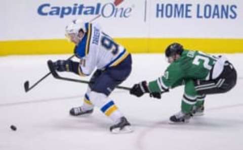 May 11, 2016; Dallas, TX, USA; Dallas Stars center Cody Eakin (20) chases St. Louis Blues right wing Vladimir Tarasenko (91) during the third period in game seven of the second round of the 2016 Stanley Cup Playoffs at American Airlines Center. The Blues won 6-1. Mandatory Credit: Jerome Miron-USA TODAY Sports