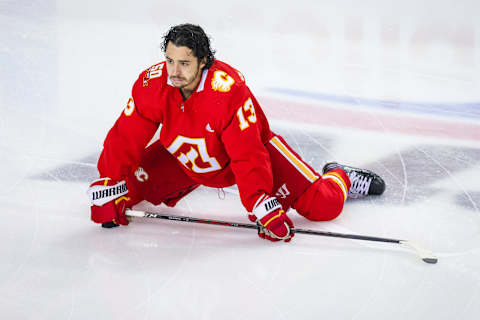 Mar 26, 2022; Calgary, Alberta, CAN; Calgary Flames left wing Johnny Gaudreau (13) during the warmup period against the Edmonton Oilers at Scotiabank Saddledome. Mandatory Credit: Sergei Belski-USA TODAY Sports