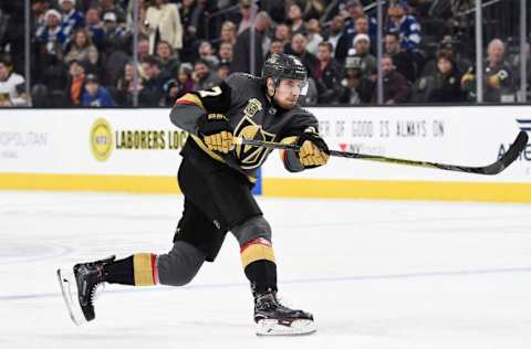 LAS VEGAS, NV – DECEMBER 19: Shea Theodore #27 of the Vegas Golden Knights shoots the puck against the Tampa Bay Lightning during the game at T-Mobile Arena on December 19, 2017, in Las Vegas, Nevada. (Photo by Jeff Bottari/NHLI via Getty Images)