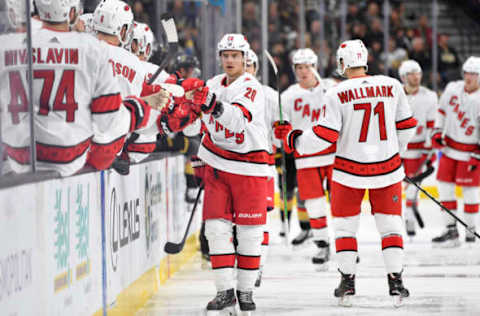 LAS VEGAS, NEVADA – FEBRUARY 08: Sebastian Aho #20 of the Carolina Hurricanes celebrates after scoring a goal during the third period against the Vegas Golden Knights at T-Mobile Arena on February 08, 2020 in Las Vegas, Nevada. (Photo by Jeff Bottari/NHLI via Getty Images)